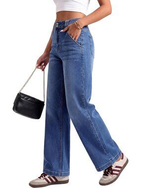 High-Waisted Straight Leg Jeans for Women | Stretchy Baggy Wide-Leg Denim Pants